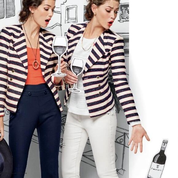 Cabi #5094 | Cruise Jacket Navy Cream Red Stripe Nautical Double Breasted Blazer - Picture 2 of 16